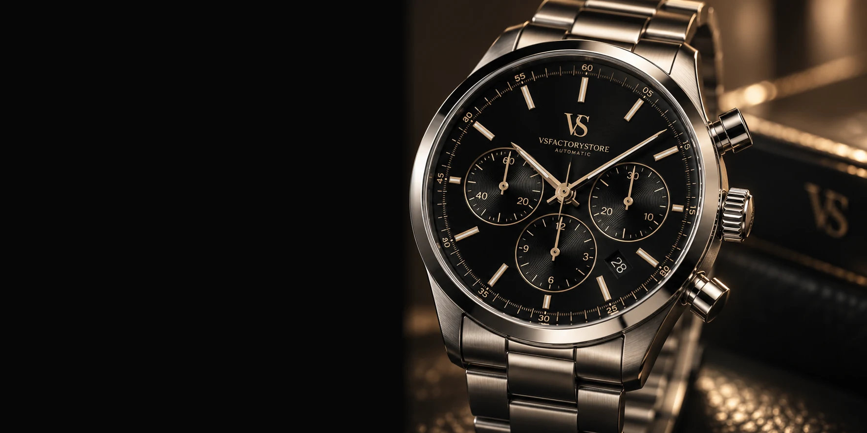 VSFactoryStore black-dial luxury chronograph with VS monogram