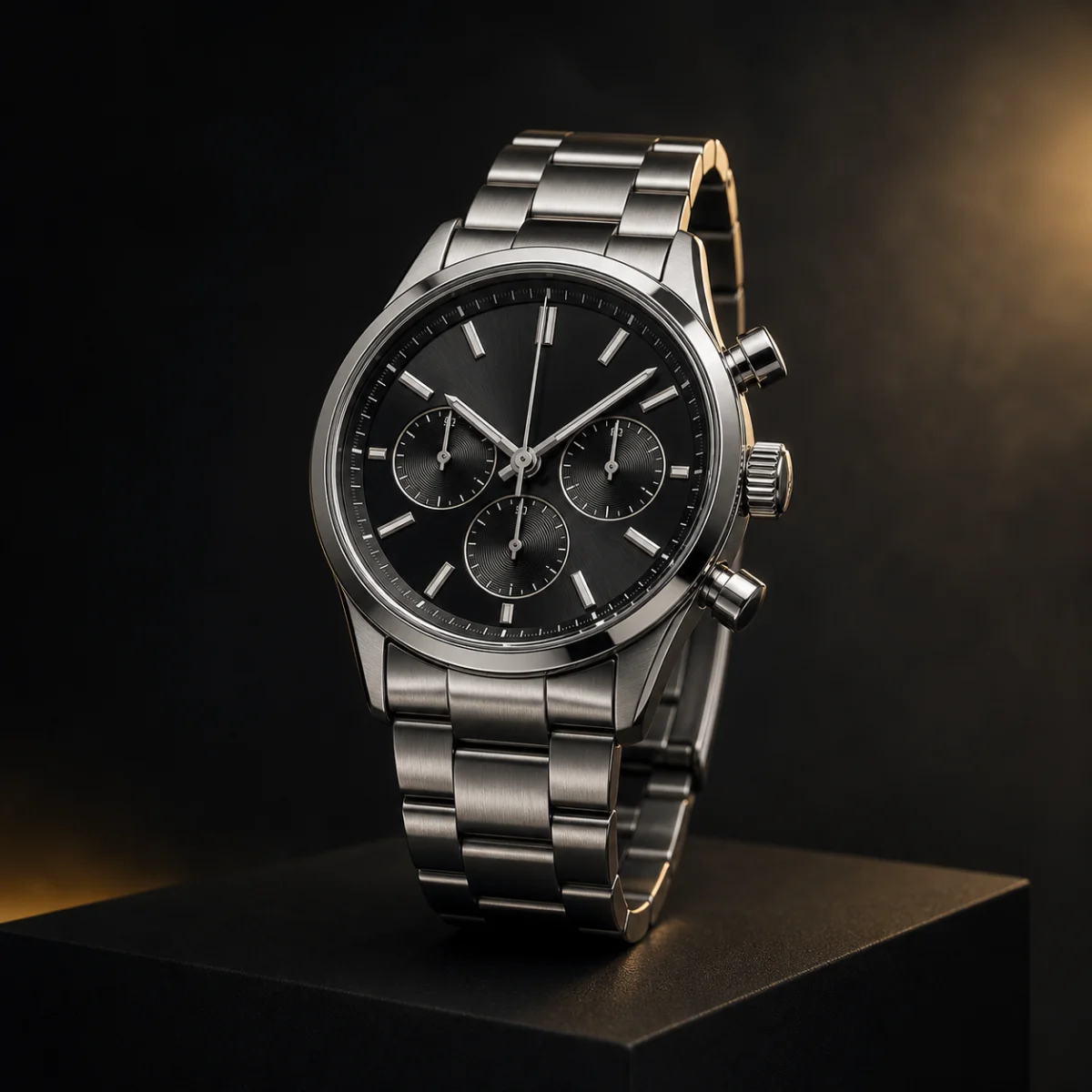 Brand-neutral black-dial mechanical chronograph demo visualization