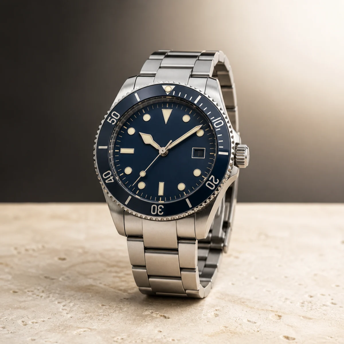 Brand-neutral blue-dial mechanical dive watch demo visualization