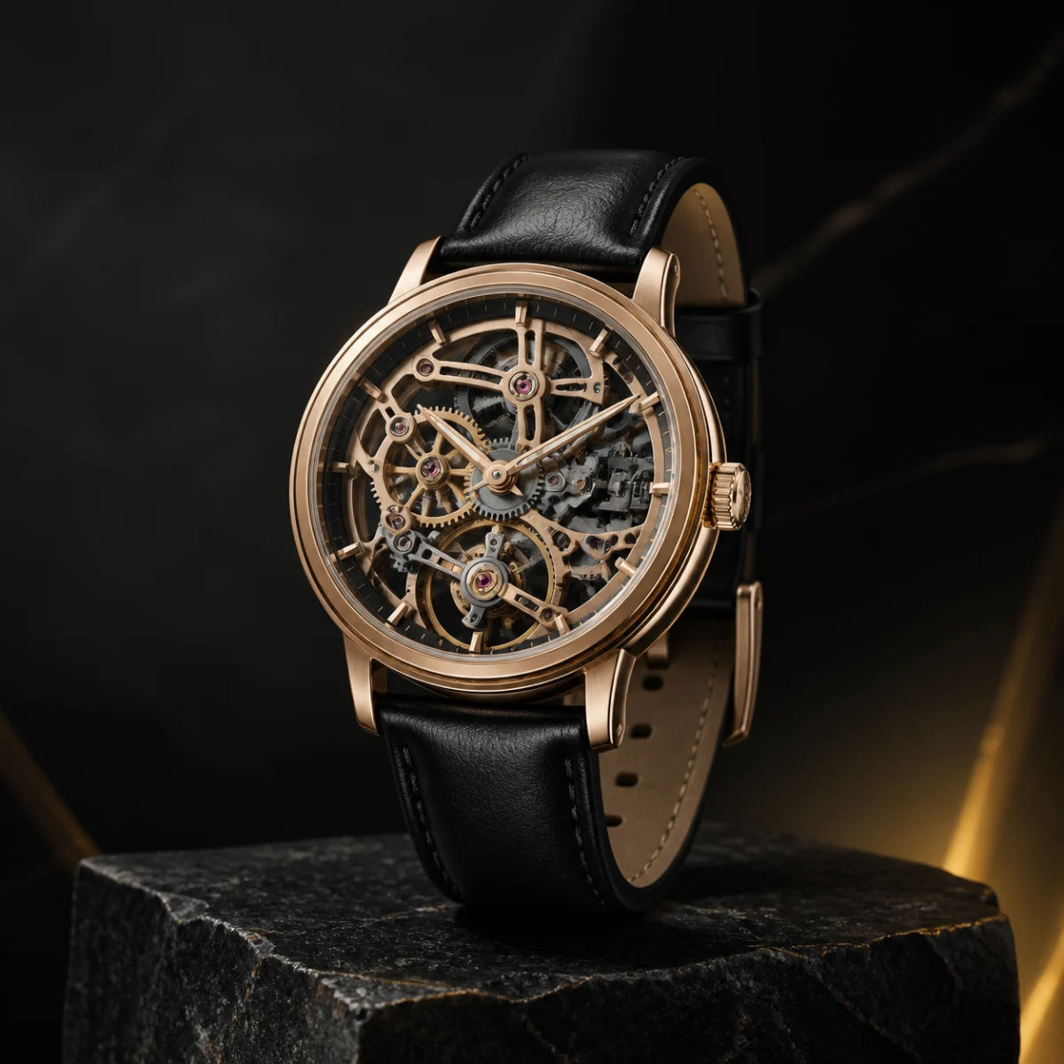 Brand-neutral rose-tone skeleton mechanical watch demo visualization