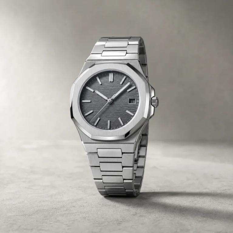 Brand-neutral integrated-bracelet mechanical sports watch demo visualization