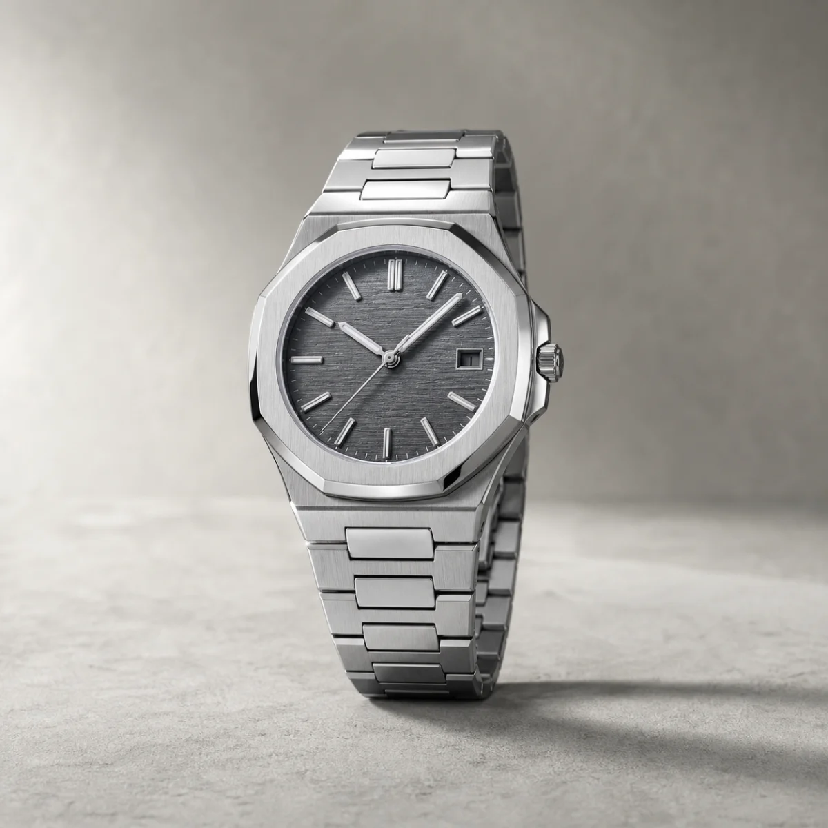 Brand-neutral integrated-bracelet mechanical sports watch demo visualization