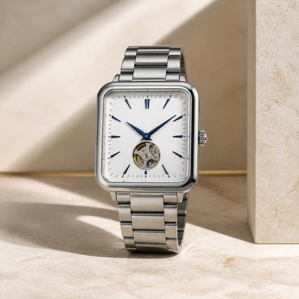 Brand-neutral square steel mechanical watch demo visualization
